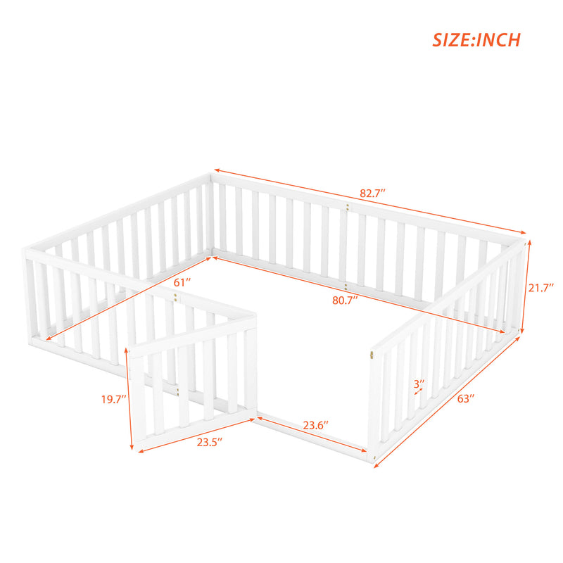 Queen  Size Wood Floor Bed Frame with Fence and Door, White(OLD SKU:WF289663AAK)