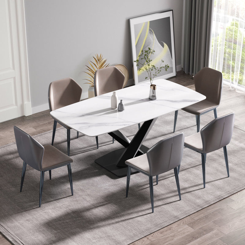 70.87" Modern Artificial Stone White Curved Black Metal Leg Dining Table, Can Accommodate 6-8 People - White / Black