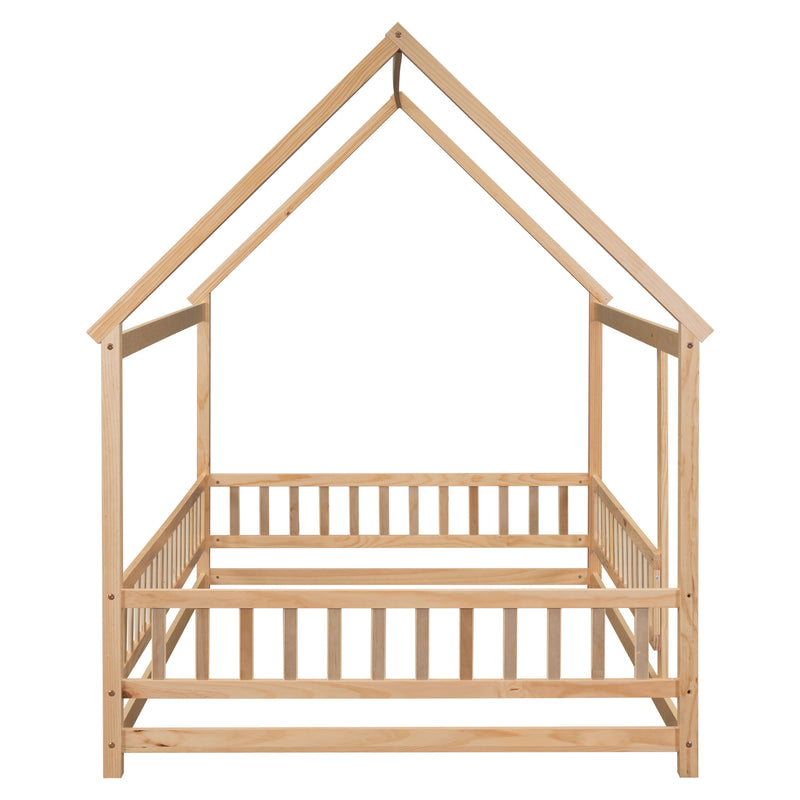 Floor Wooden Bed With House Roof Frame, Fence Guardrails