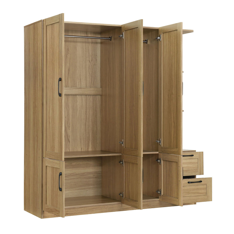 3 Door Storage Wardrobe For Dedroom With Shelves And 2 Drawers, Side Storage Shelves