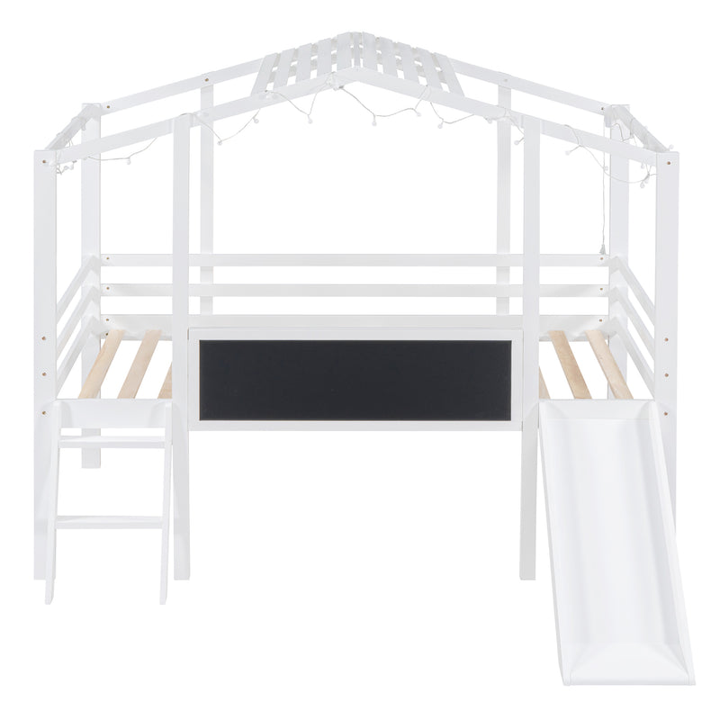 Twin Size Loft Bed with Ladder and Slide, House Bed with Blackboard and Light Strip on the Roof, White