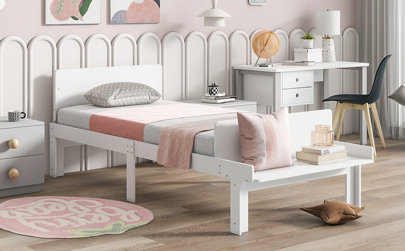 Twin Bed with Footboard Bench ,White