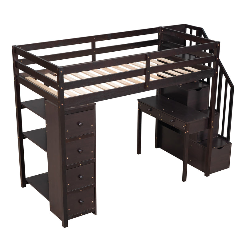 Twin size Loft Bed with Storage Drawers ,Desk and Stairs, Wooden Loft Bed with Shelves - Espresso