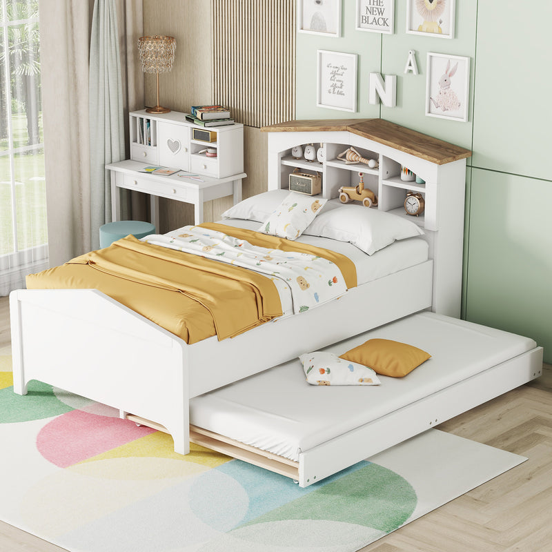 Twin Size Wood Platform Bed with House-shaped Storage Headboard and Trundle, White