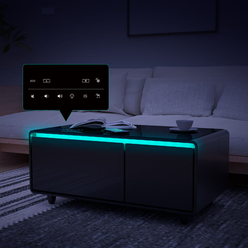 Modern Smart Coffee Table With Built-In Fridge - Bluetooth Speaker, Wireless Charging, Touch Control Panel, USB Interface, Outlet Protection, Atmosphere Light