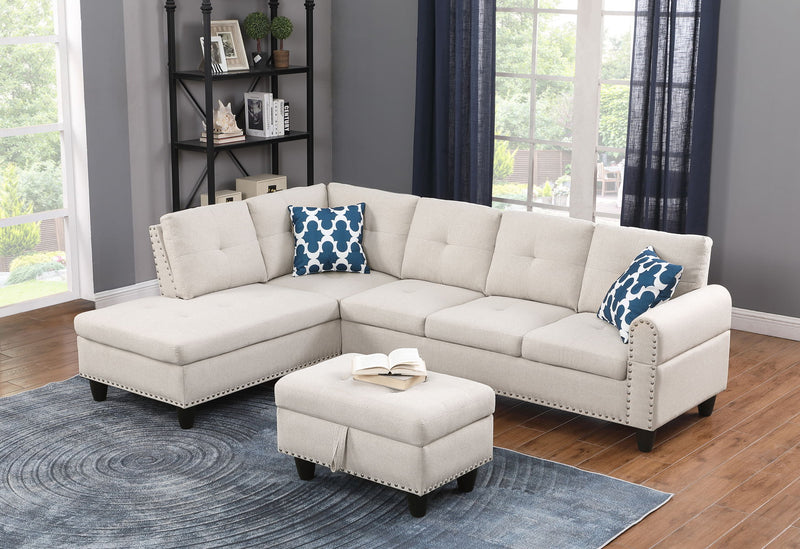 Alger - Wide Left Hand Facing Sofa & Chaise With Ottoman - Beige