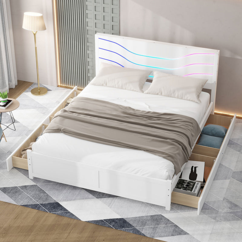 Queen Size Wood Storage Platform Bed with LED and 4 Drawers, White