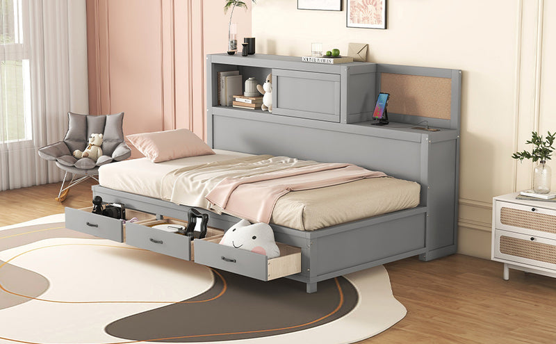 Twin Size Wooden Daybed with 3 Storage Drawers, Upper Soft Board, shelf, and a set of Sockets and USB Ports, Gray