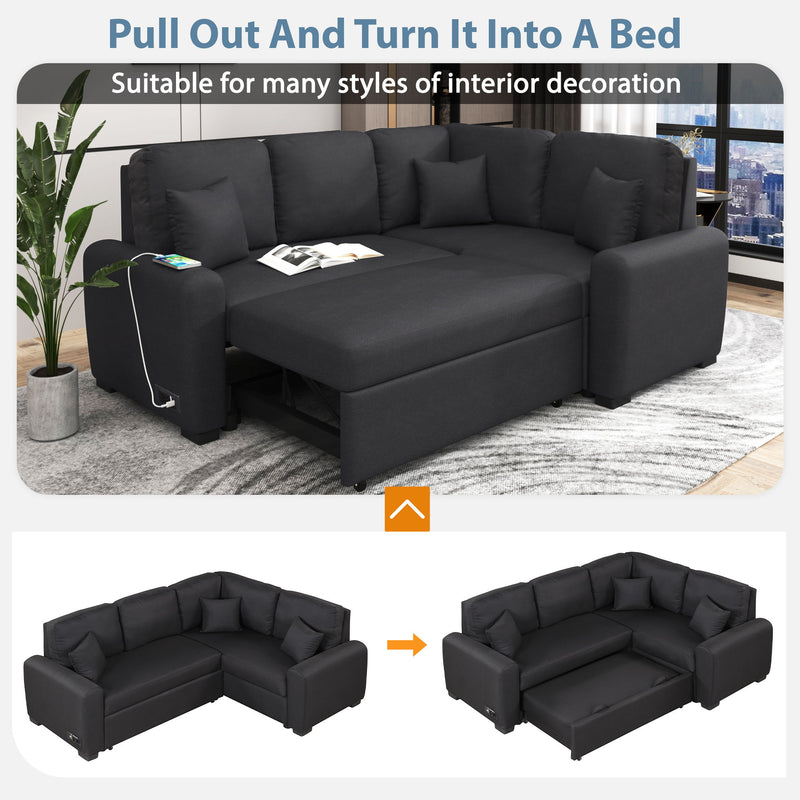 Sectional Sleeper Sofa With USB Charging Port And Plug Outlet, Pull-Out Sofa Bed With 3 Pillows, L-Shape Chaise For Living Room Small Apartment