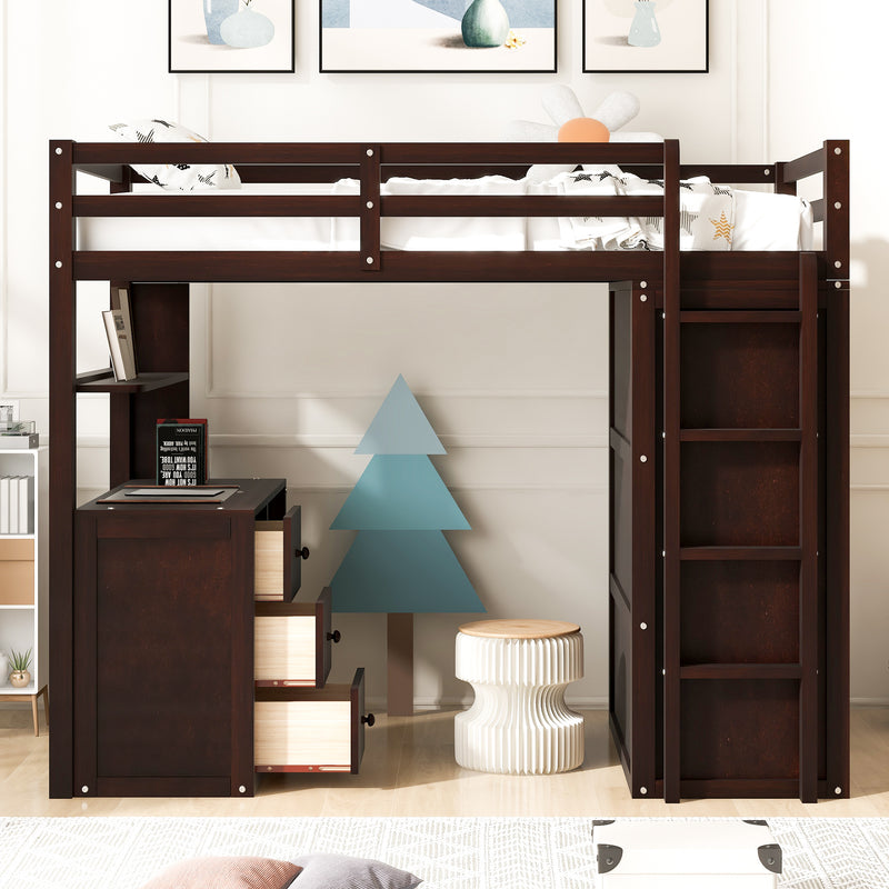 Twin size Loft Bed with Drawers,Desk,and Wardrobe-Espresso