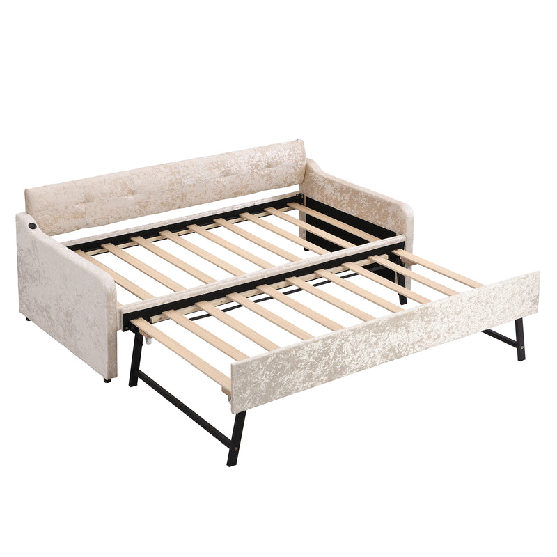 Twin Size Snowflake Velvet Daybed with Trundle and USB Charging Design,Beige