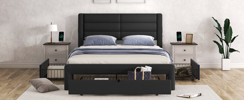 Queen Size Bed Frame with Drawers Storage, Leather Upholstered Platform Bed with Charging Station, Black