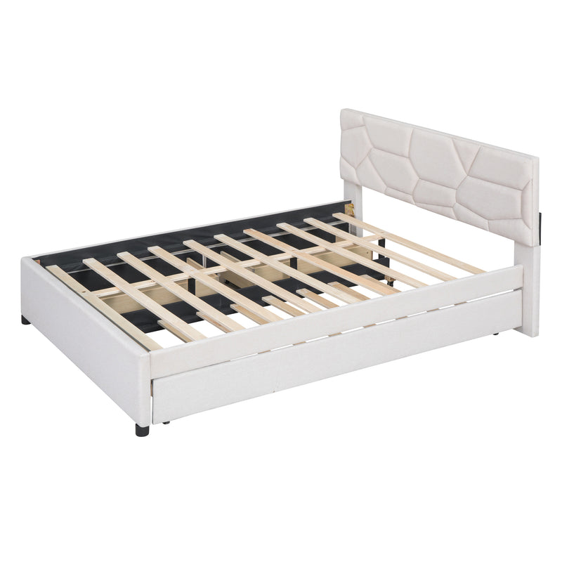 Queen Size Upholstered Platform Bed with Brick Pattern Headboard, with Twin XL Size Trundle and 2 drawers, Linen Fabric, Beige