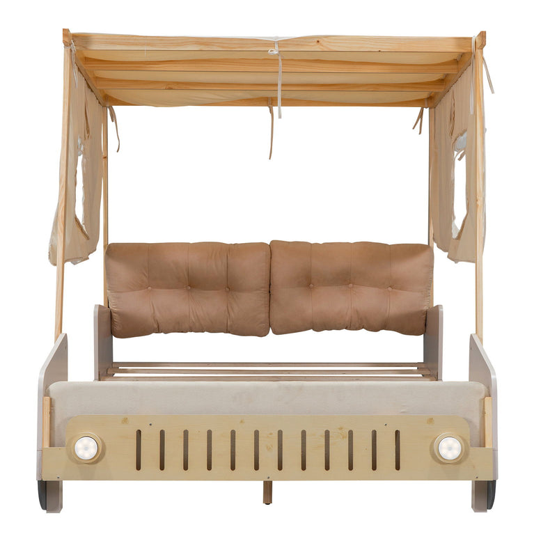 Wood Full Size Car Bed With Pillow, Ceiling Cloth And LED - Natural