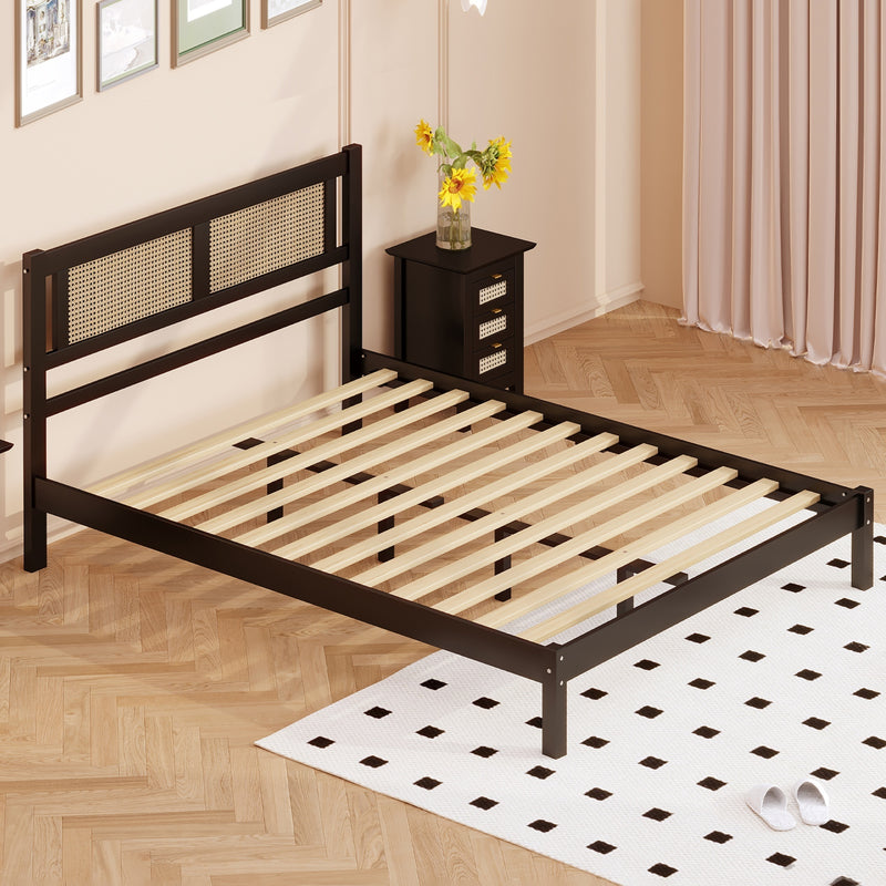 Queen Size Wooden Platform Bed with Natural Rattan Headboard, Exquisite Elegance with Minimalist Charm for Bedroom, Black