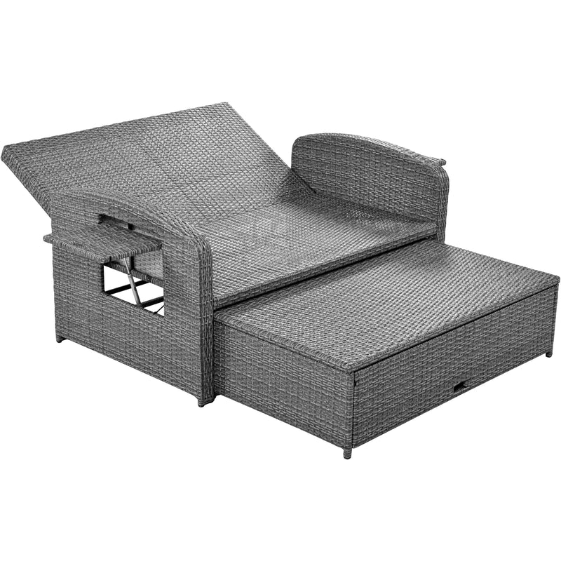 TOPMAX PE Wicker Rattan Double Chaise Lounge, 2-Person Reclining Daybed with Adjustable Back and Cushions, Free Furniture Protection Cover, White