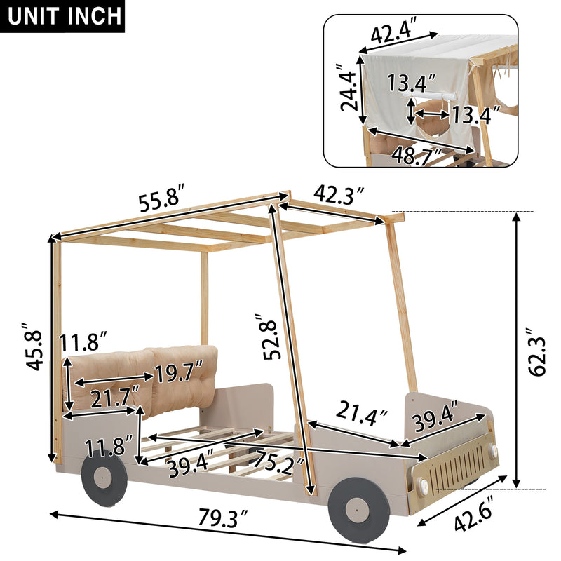 Wood Twin Size Car Bed with Pillow, Ceiling Cloth and LED, Natural