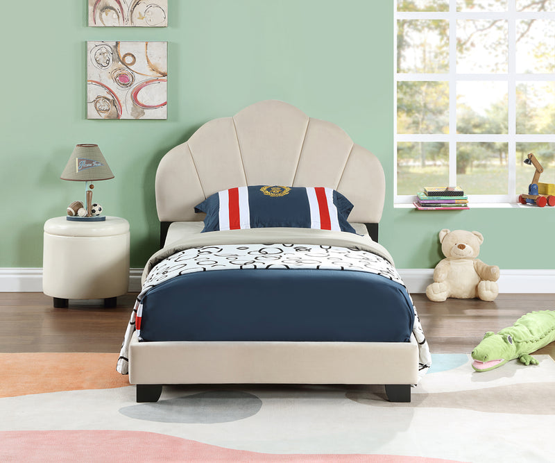 Upholstered Twin Size Platform Bed for Kids, with Slatted Bed Base, No Box Spring Needed, Beige color, Shell Design