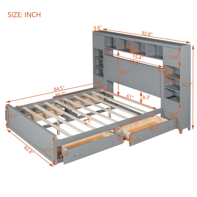 Queen Size Wooden Bed With All-in-One Cabinet, Shelf and Sockets, Gray