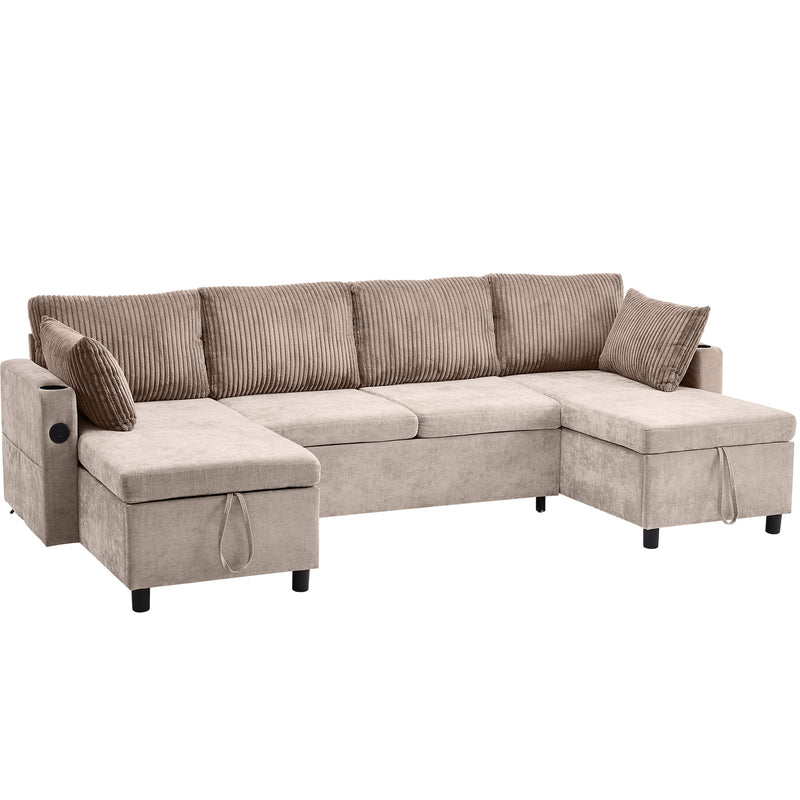 Sectional Sofa Pull Out Sofa Bed Versatile Sofa Sleeper With Large Storage Space, Two USB Ports And Two Cup Holders For Living Room