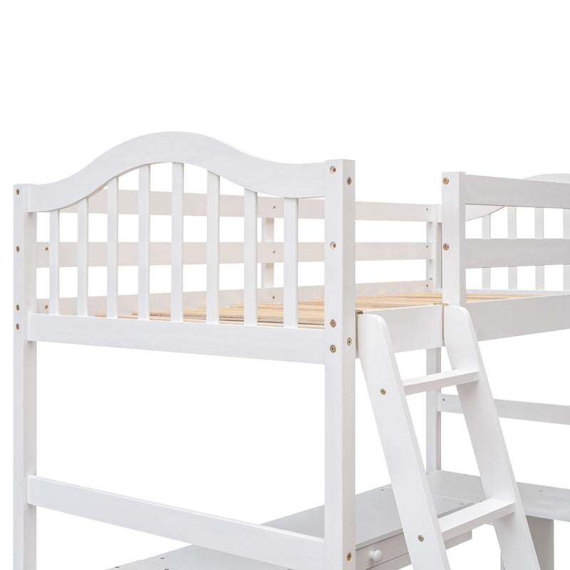 Twin size Loft Bed with Drawers, Cabinet, Shelves and Desk, Wooden Loft Bed with Desk - White(OLD SKU :LT000505AAK)