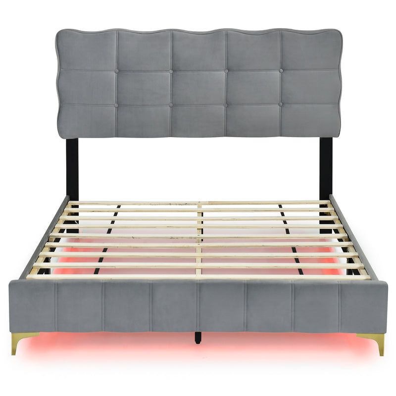 Queen Size Velvet Platform Bed with LED Frame and Stylish Mental Bed Legs, Gray