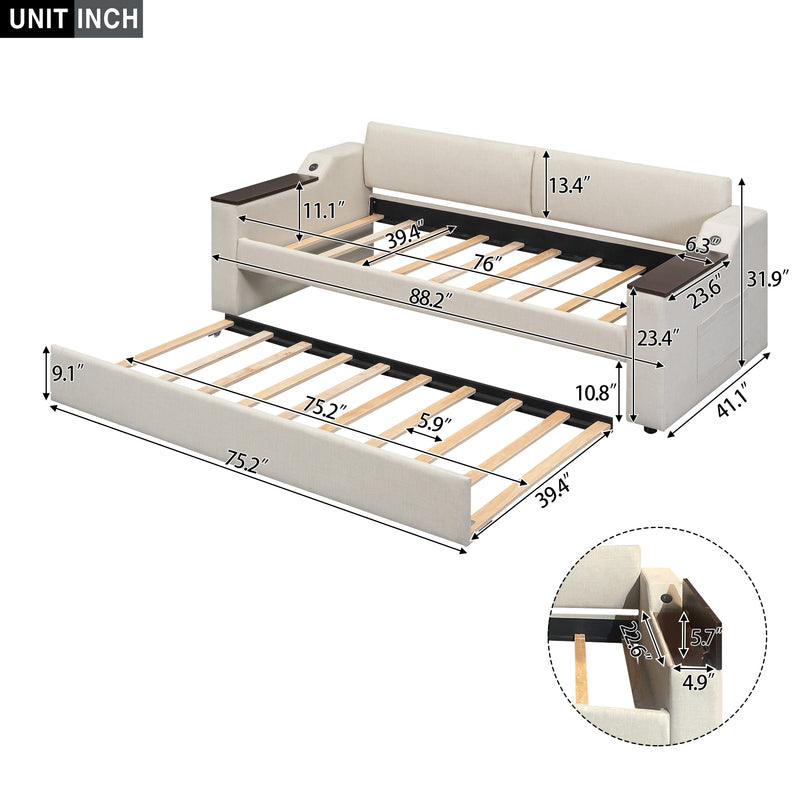 Twin Size Upholstery Daybed with Storage Arms, Trundle and USB Design, Beige