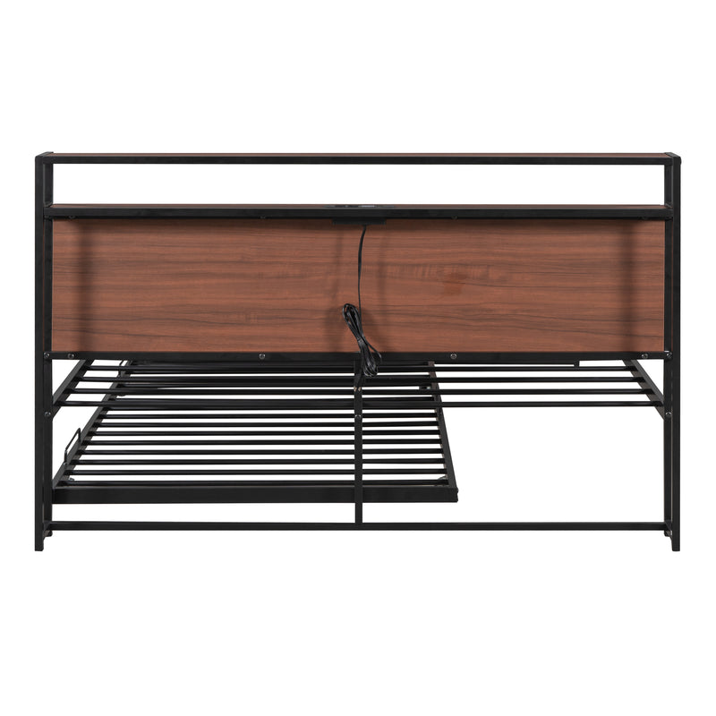 Queen Size Metal Platform Bed Frame with Trundle, USB Ports and Slat Support ,No Box Spring Needed Black