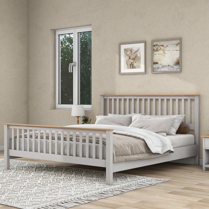 Country Style Concise Gray Solid Platform Bed with Oak Top, No Box Spring Needed, King