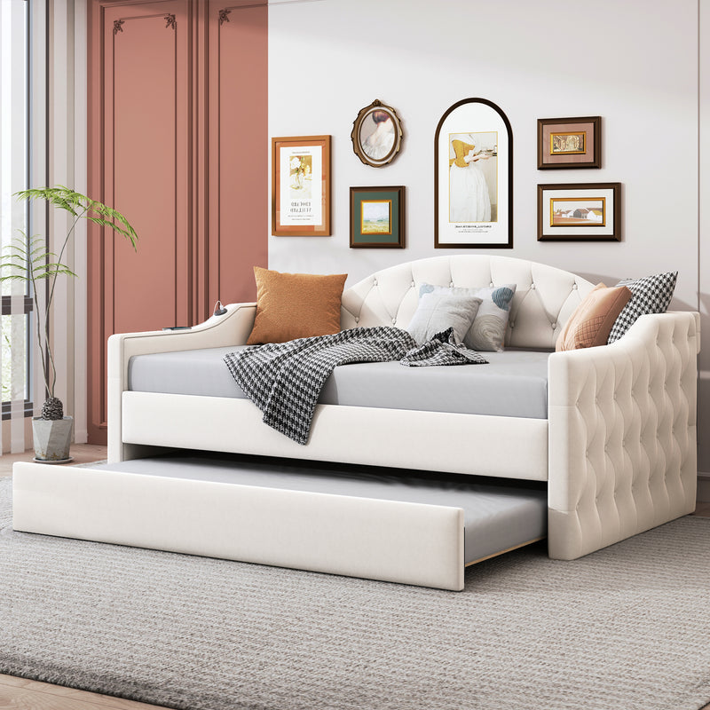 Twin Size Tufted Upholstered Daybed with Trundle ,Velvet Sofabed with USB&Type-C Charging Ports,No Box-spring Needed, Beige