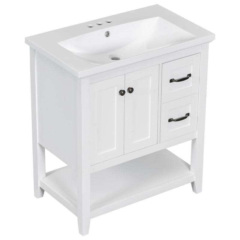 Bathroom Vanity With Ceramic Sink Top, Vanity Cabinet With Multi-Functional Drawer, Solid Wood Legs - White