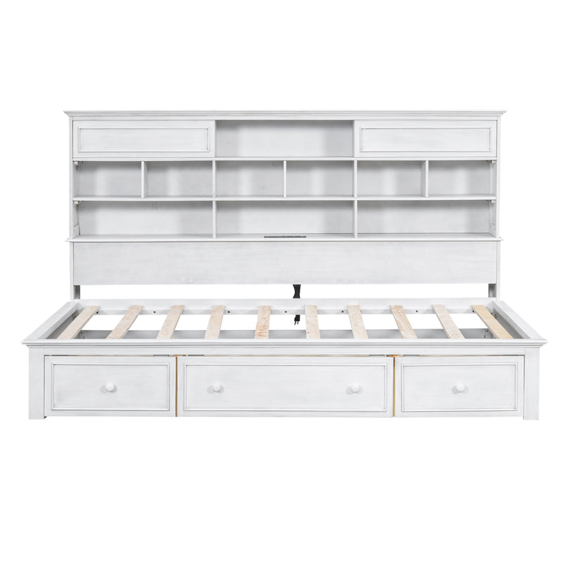 Twin Size Wood Daybed with Multi-Storage Shelves, Charging Station and 3 Drawers, Antique White