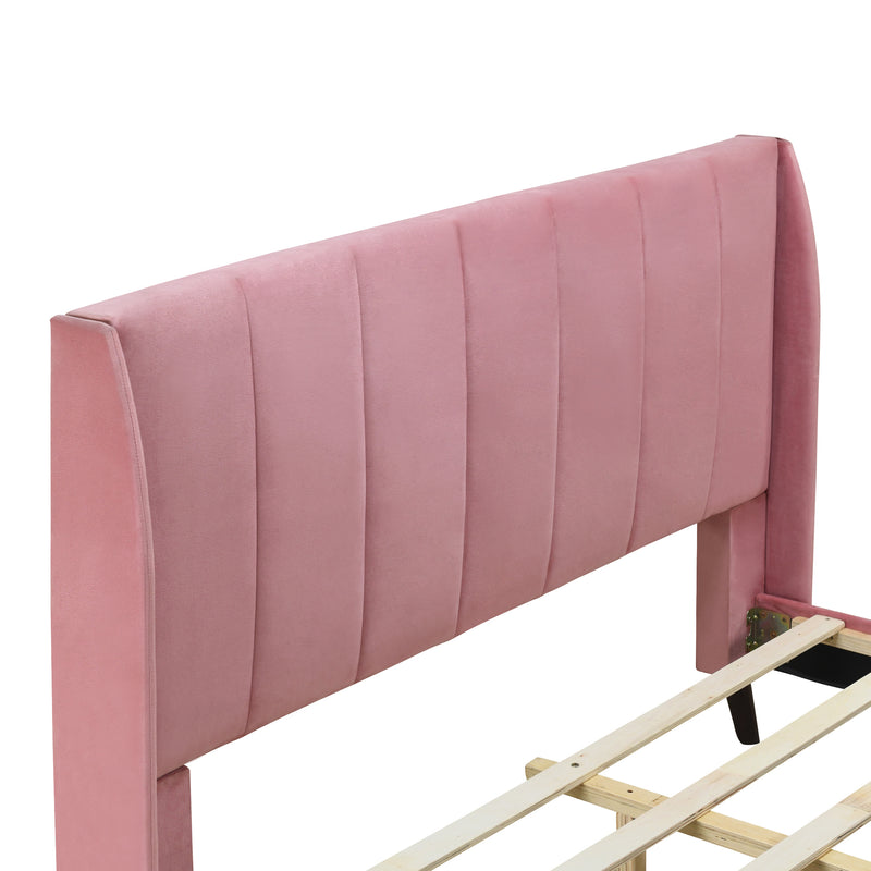 Queen Size Upholstered Platform Bed, Velvet, Pink