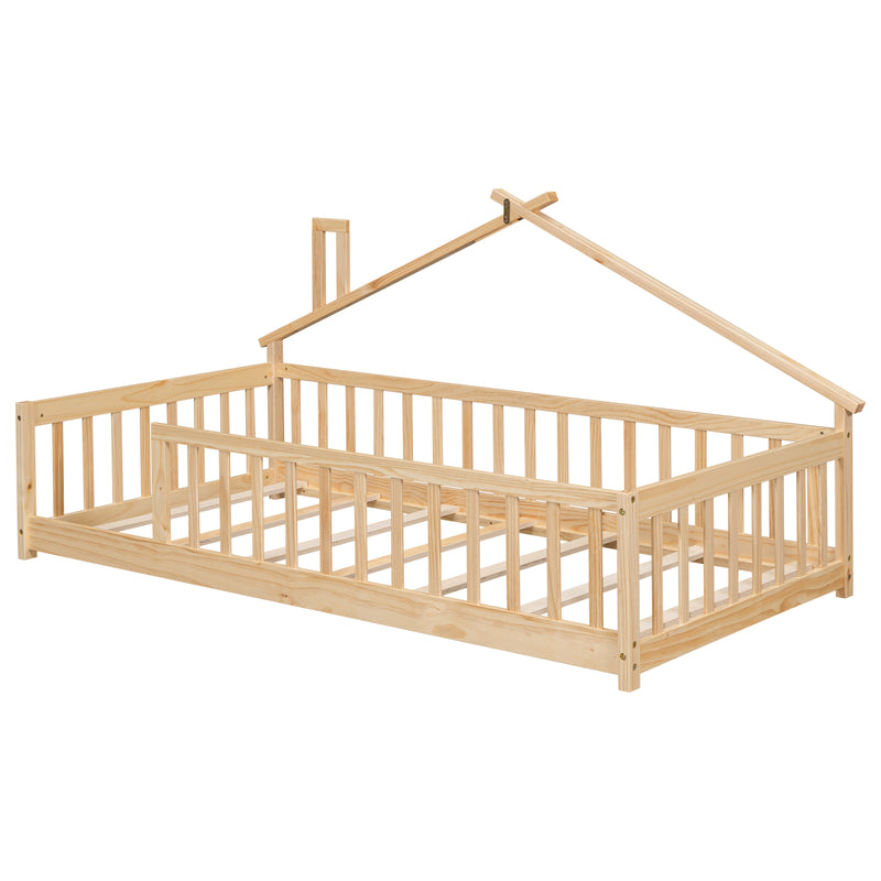 Twin House-Shaped Bedside Floor Bed with Guardrails, Slats, without Door ,Natural