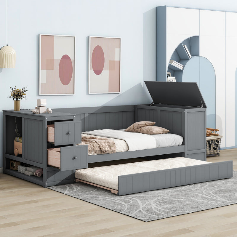 Twin Size Daybed with Storage Arms, Trundle and Charging Station, Gray