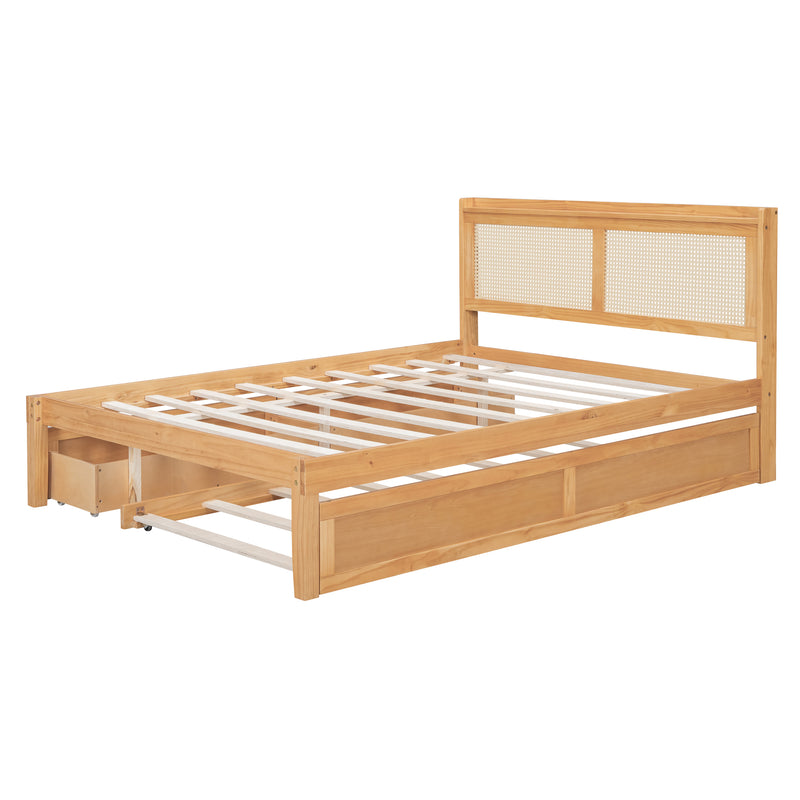 Queen Size Elegant Bed Frame with Rattan Headboard and Sockets ,Walnut