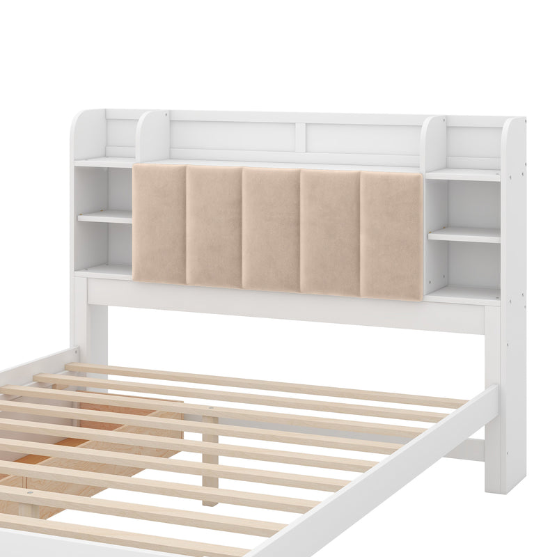 Wood Queen Size Platform Bed with Storage Headboard, Shelves and 2 Drawers, White