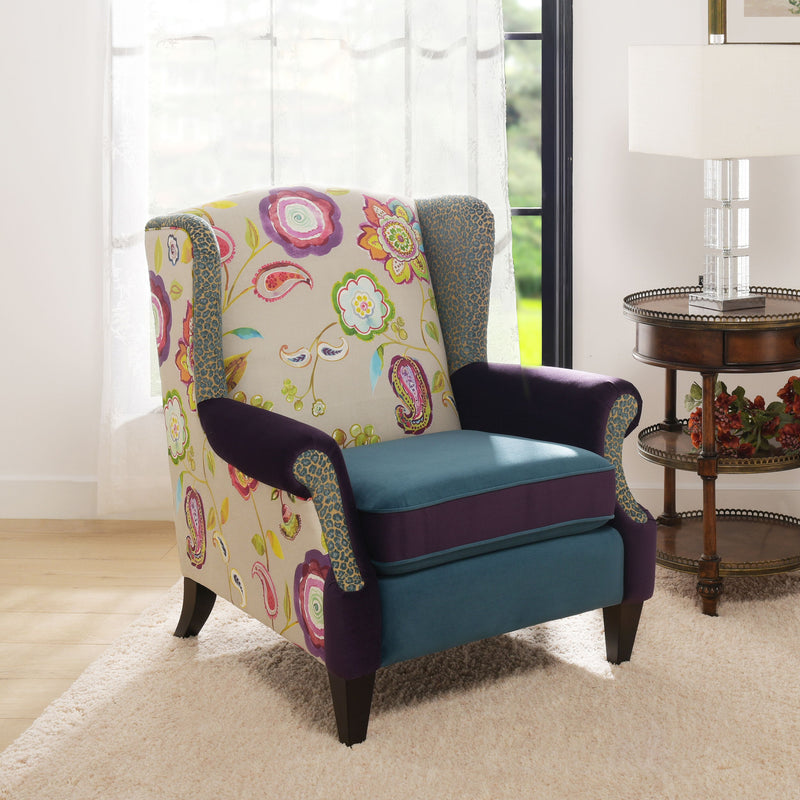 Anya - Boho Chic Wingback Accent Arm Chair - Floral / Leopard / Blue Teal / Purple