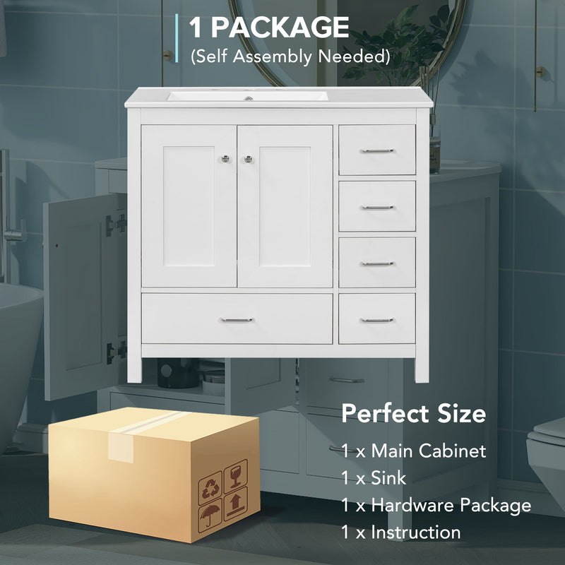 Bathroom Vanity With Ceramic Sink Combo, Abundant Storage Cabinet -2 Soft-Close Doors And 5 Drawers