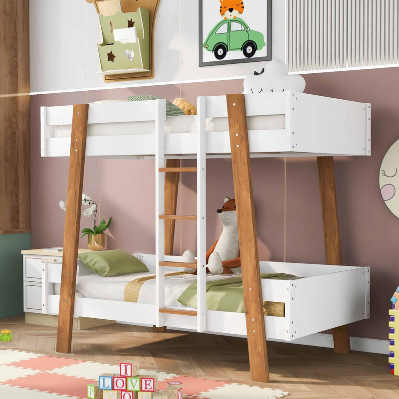 Wood Twin Size Bunk Bed with Built-in Ladder and 4 Wood Color Columns, White