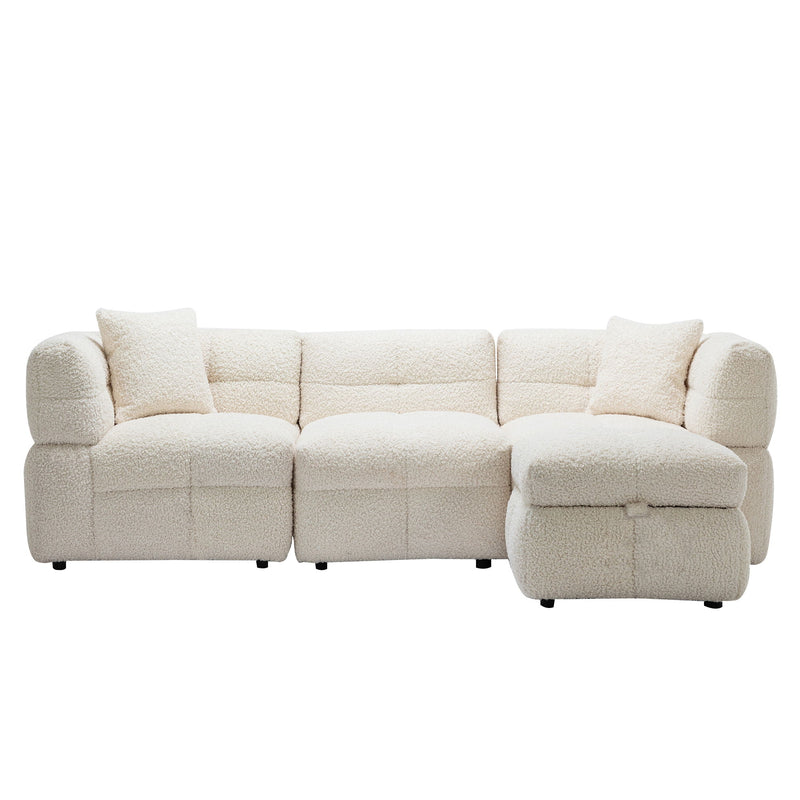 Sectional Sofa Cozy Teddy Fleece Sectional Sofa Couch With Two USB Ports A Movable Storage Ottoman And Two Lumbar Pillows For Living Room