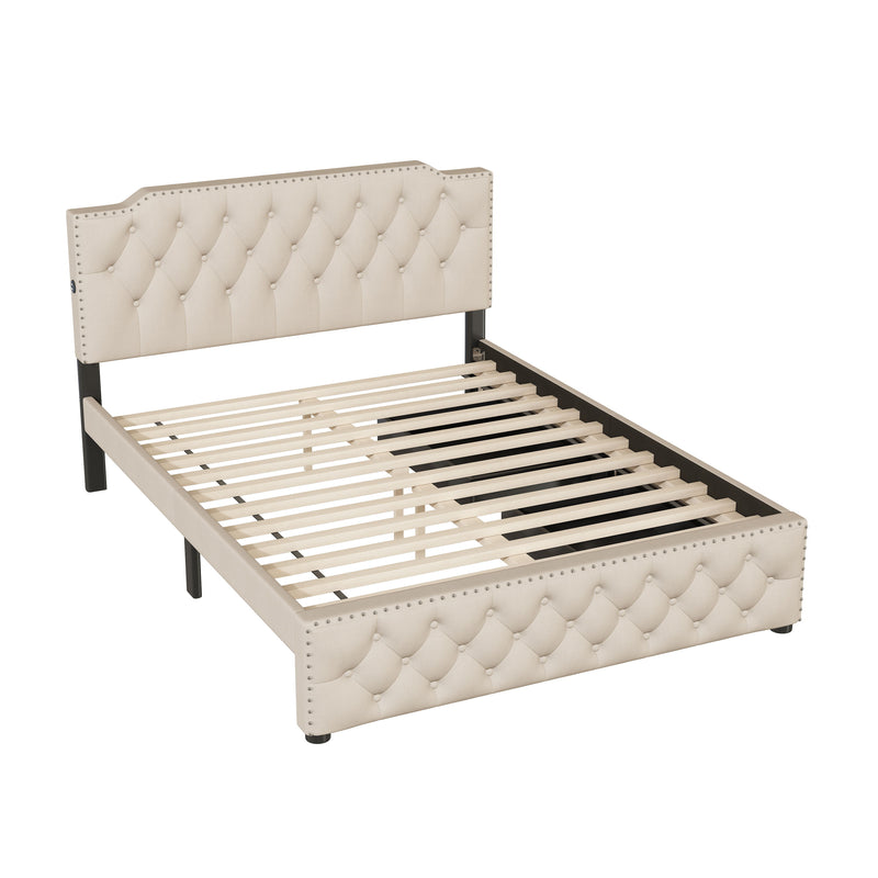 Upholstered Platform Bed With 2 Drawers And 2 Sets Of USB Ports On Each Side, Linen Fabric