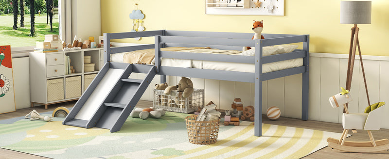 Twin Low Loft Bed with Slide,  Ladder, Safety Guardrails, No Box Spring Needed,Grey