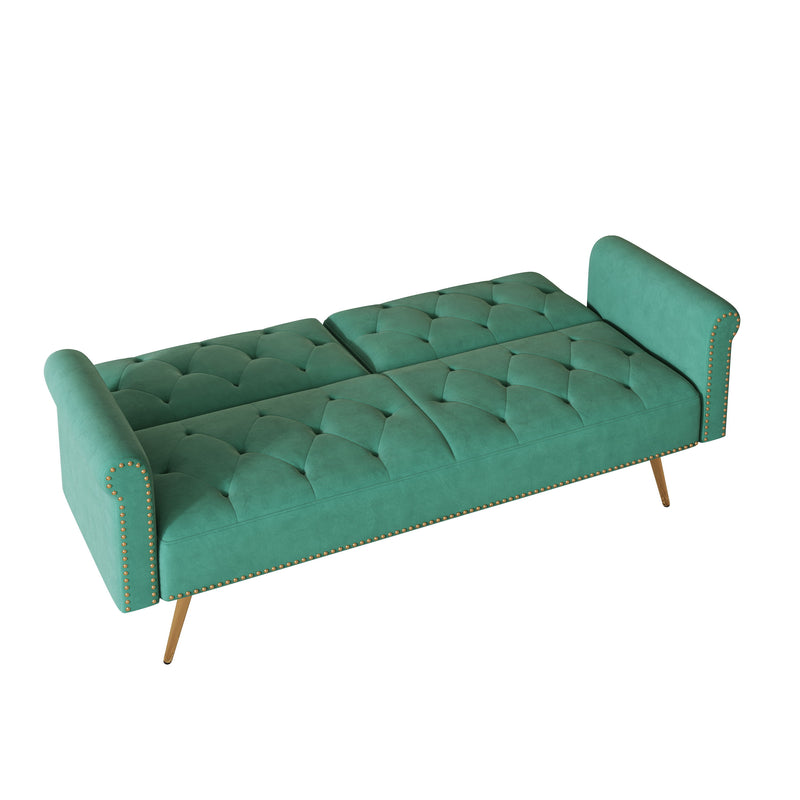 Velvet Nail Head Sofa Bed With Throw Pillow