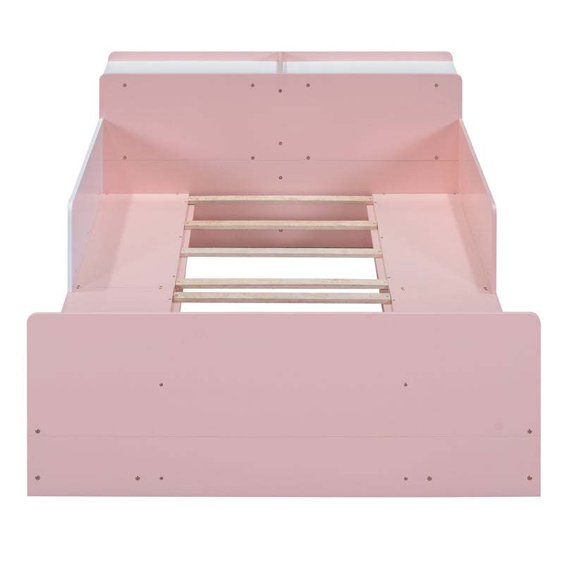 Wood Full Size Platform Bed with Storage Headboard, Guardrails and 4 Underneath Cabinets, Pink