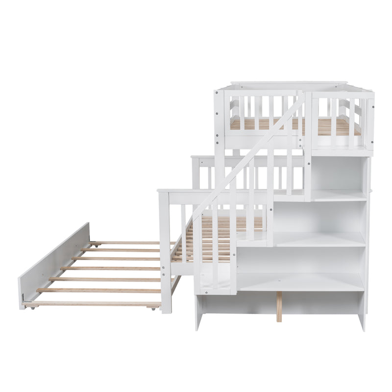 Twin-Over-Full Bunk Bed with Twin size Trundle, Storage and Guard Rail for Bedroom, Dorm, for Adults, White(OLD SKU :LT000119AAK)