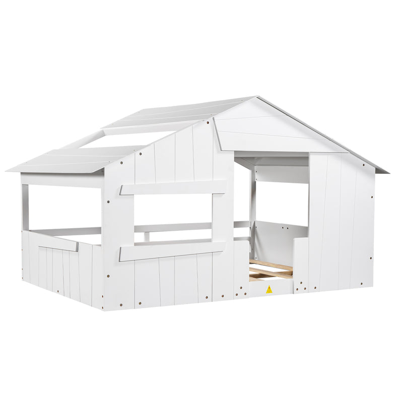 Wood Full Size House Bed with Roof, Window and Guardrail, White