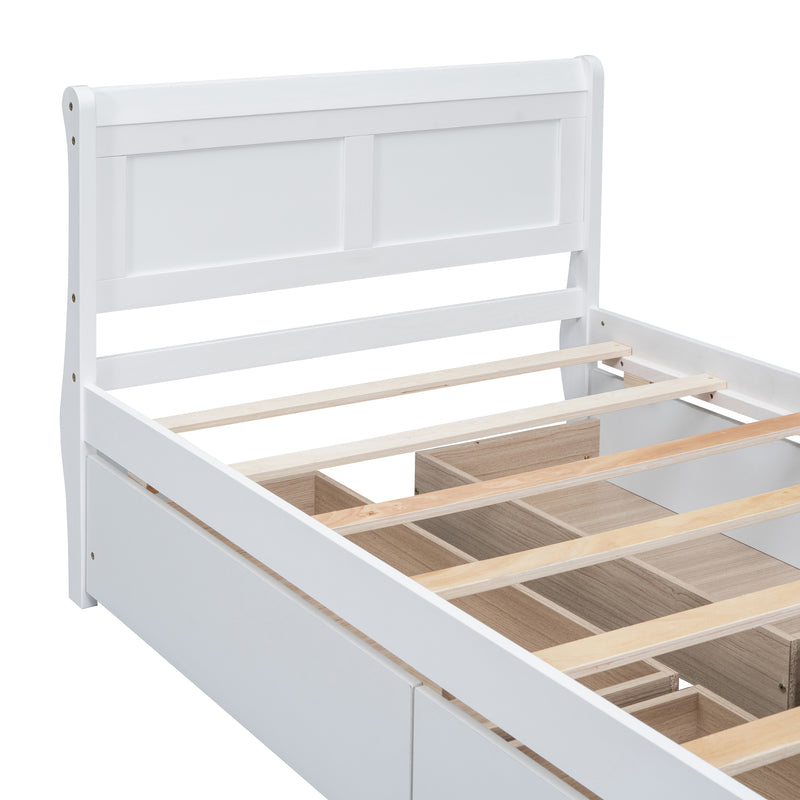 Twin Size Wood Platform Bed with 4 Drawers and Streamlined Headboard & Footboard, White