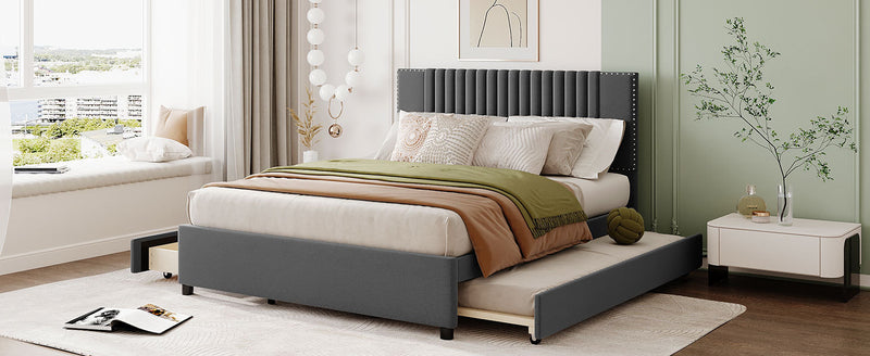 Queen Size Upholstered Platform Bed with 2 Drawers and 1 Twin XL Trundle, Classic Headboard Design, Gray