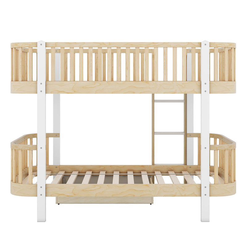 Wood Twin over Twin Bunk Bed with Fence Guardrail and a Big Drawer, Natural White